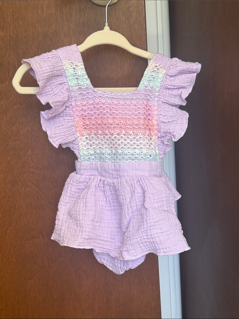 Baby Essentials Lavender Smocked Ruffle Romper with Pastel Panel